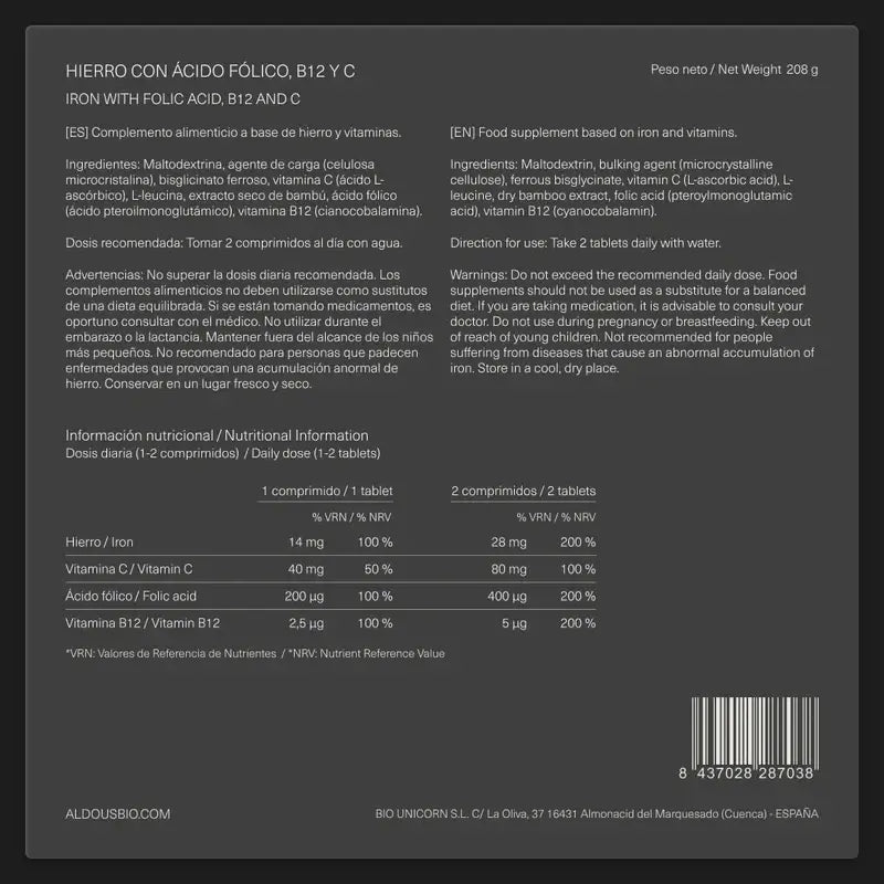 Aldous Bio – Železo, vitamín C, B12 a kyselina listová, 200 kapsúl