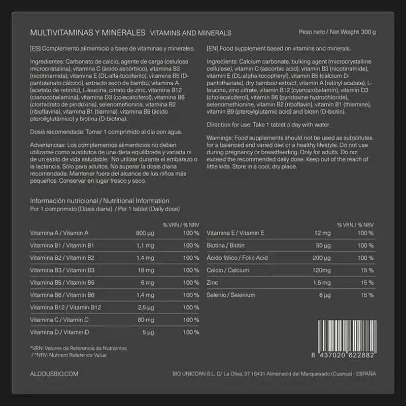 Aldous Bio Multivitamíny: vitamín C, D, E, A, vitamíny skupiny B, biotín, kyselina listová, vápnik, zinok, selén, 500 tabliet