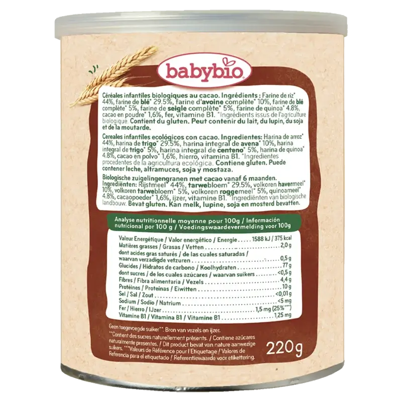 Babybio 5 obilnín s kakaom, 220 g