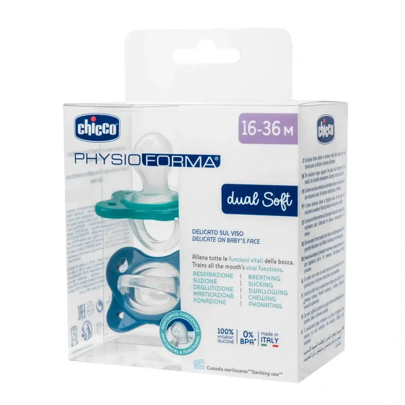 Chicco cumlík Physioforma Dual Soft, silikónový, modrý, 16–36 mesiacov, 2 ks