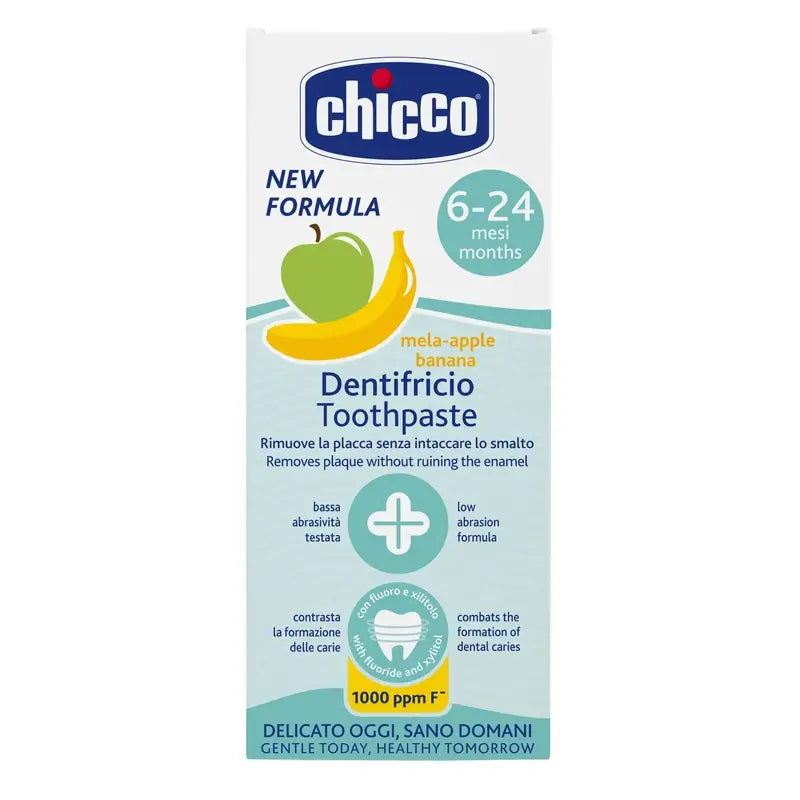 Chicco zubná pasta s príchuťou jablka a banánu, 6–24 mesiacov, s fluoridom