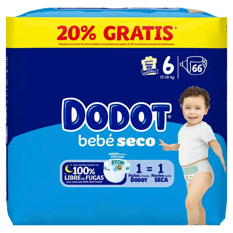 Dodot Bebé Seco, veľkosť 6, 13 kg – 18 kg, 66 plienok