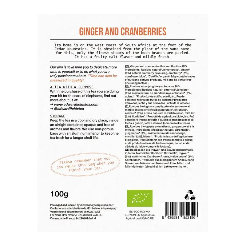 Edward Fields Tea – čajová zmes Rooibos, zázvor a čučoriedky, ekologický, voľne balený, 50 šálok, bez kofeínu, 100 g