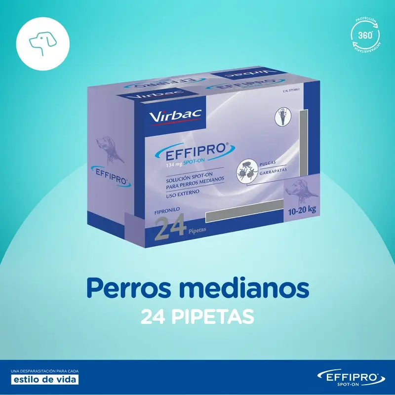 Effipro 134 mg Spot-On pre stredne veľké psy 10–20 kg, 24 pipiet