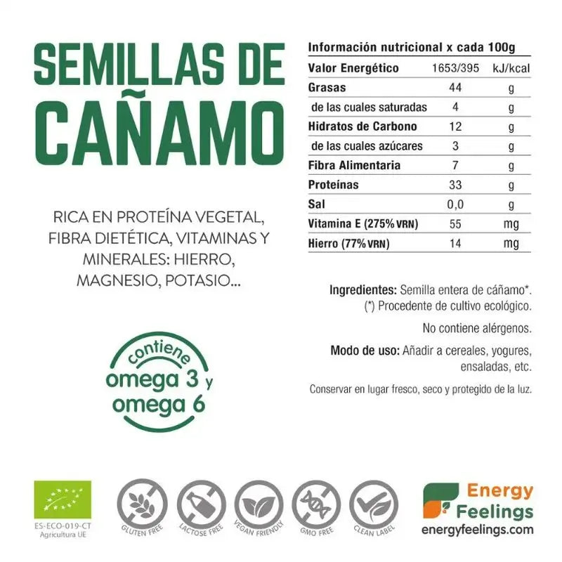 Energy Feelings Konopné semienka 500 g. Ekologické, vegánske, Sg**