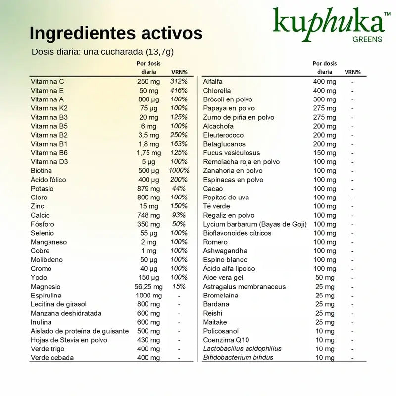 Kuphuka Greens – 100 % prírodný a holistický výživový doplnok s príchuťou jablka a vanilky, 411 g
