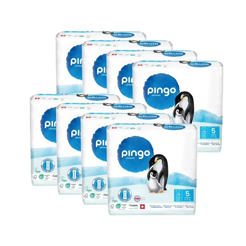 Ekologické plienky Pingo, veľkosť 5 (11–16 kg), 8 balení po 36 kusoch