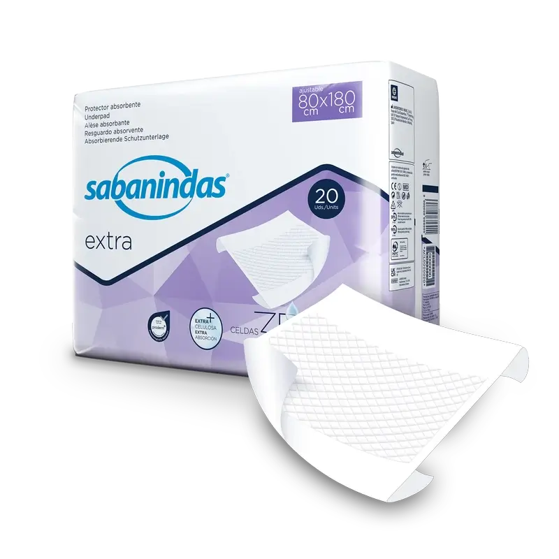 Sabanindas Extra – ochranná absorpčná podložka s nastaviteľnými rozmermi 80 × 180 cm, 20 kusov