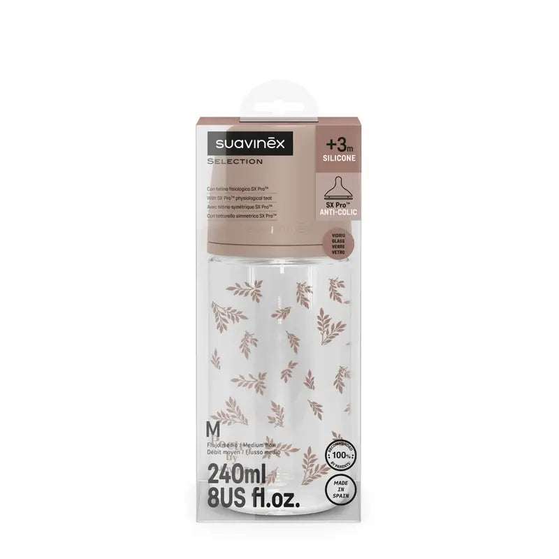 Suavinex sklenená fľaša 240 ml, stredný prietok (M), od 3 mesiacov, Poetry Beige