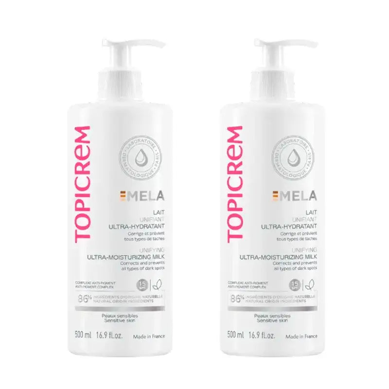 Topicrem Mela Ultra-hydratačné telové mlieko na zjednotenie tónu pleti, SPF 15, balenie 2 x 500 ml