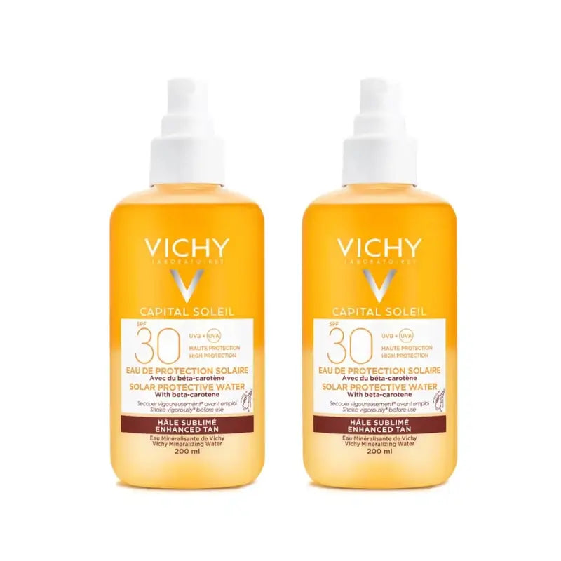 Vichy Capital Soleil SPF 30 Ochranná slnečná voda pre žiarivý vzhľad, 2 × 200 ml