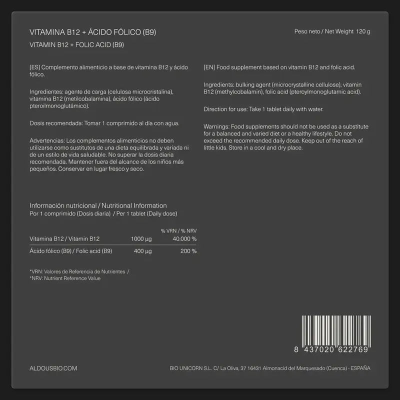 Aldous Bio Vitamín B12 s kyselinou listovou, 400 tabliet