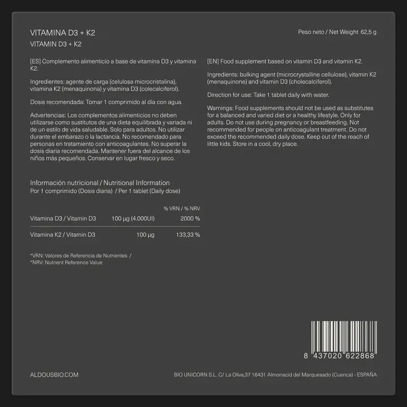 Aldous Bio Vitamín D3 + K2, 250 tabliet