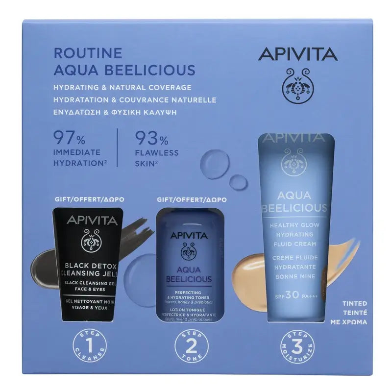 Apivita Aqua Beelicious Rozjasňujúci hydratačný krém v tekutej forme SPF 30 Color + Black Detox 15 ml + Tonikum na zdokonalenie pleti 50 ml