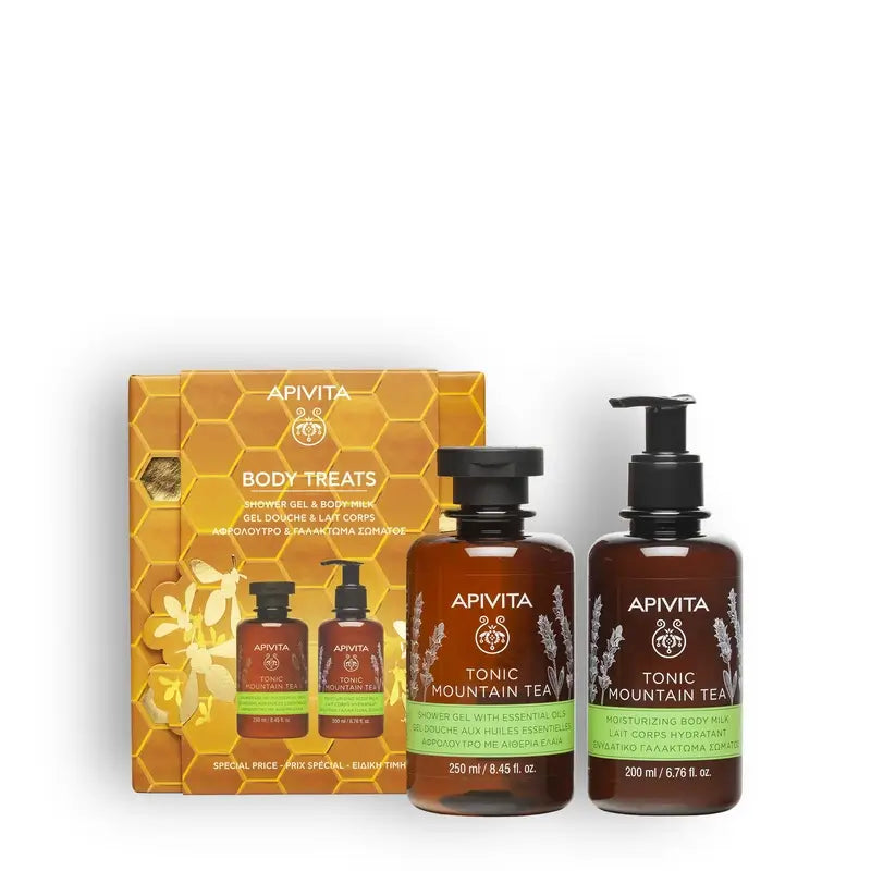 Sada Apivita – Tonizujúci gél Mountain Tea + telové mlieko 200 ml, 2 ks