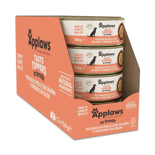 Applaws Dog – konzerva s prísadami: kuracie mäso, losos, zelenina, vývar, 12 × 156 g