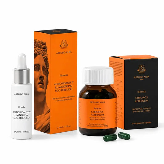 Arturo Alba – Sada „Antioxidant a rozjasňujúca formula SOD-ferulová“ 30 ml + Chronos Aeternum 60 kapsúl