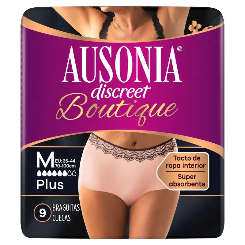 Ausonia Discreet Boutique – nohavičky na inkontinenciu, béžové, Plus, veľkosť M, 9 kusov