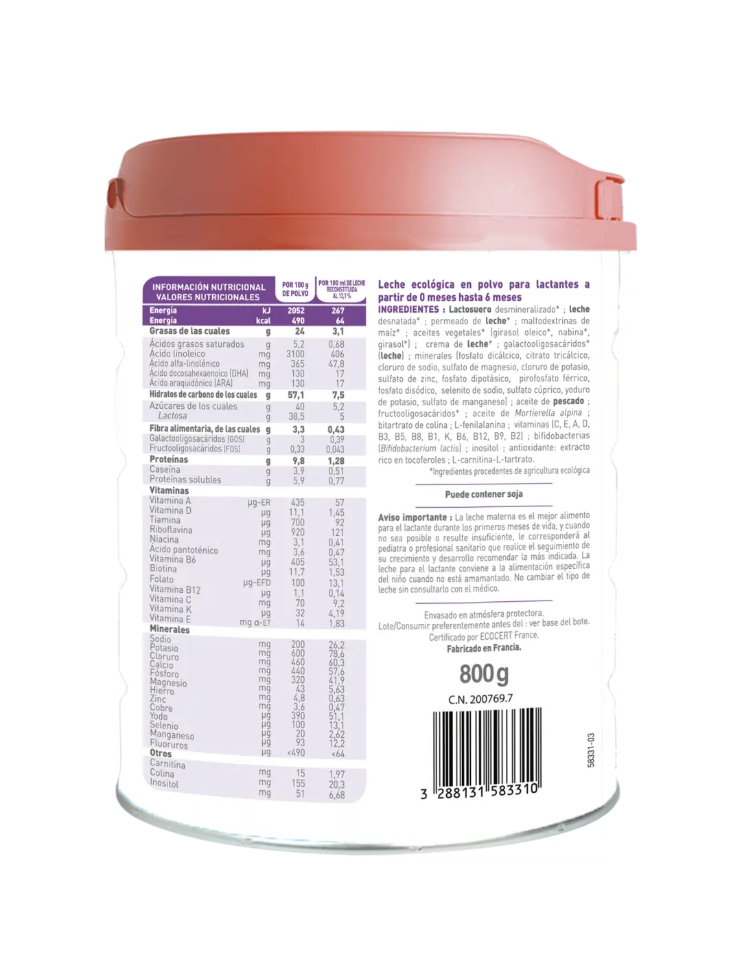Babybio Optima 1 Kravské mlieko 0–6 mesiacov, 800 g