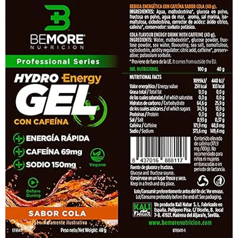 Bemore Nutrición Hydro Gel+ Energy s príchuťou koly a kofeínom