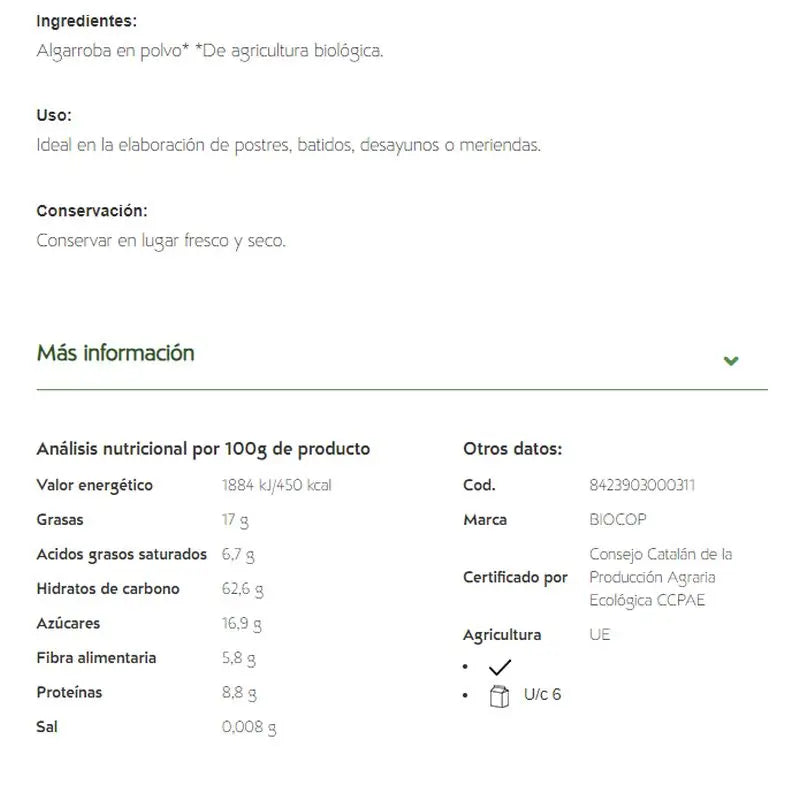 Biocop Karobový prášok 250 g, bio 