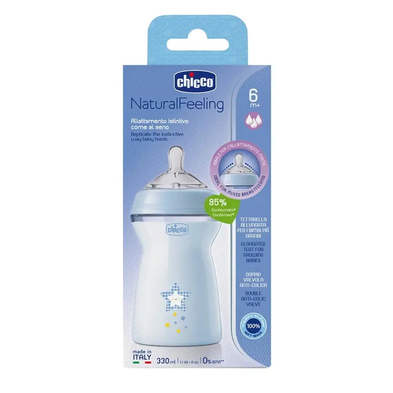 Chicco fľaša Naturalfeeling, modrá, rýchly prietok, 330 ml, od 6 mesiacov 