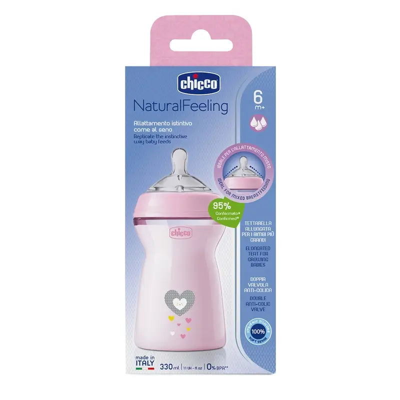 Chicco fľaša Naturalfeeling ružová s rýchlym prietokom 330 ml 6 mesiacov a viac 