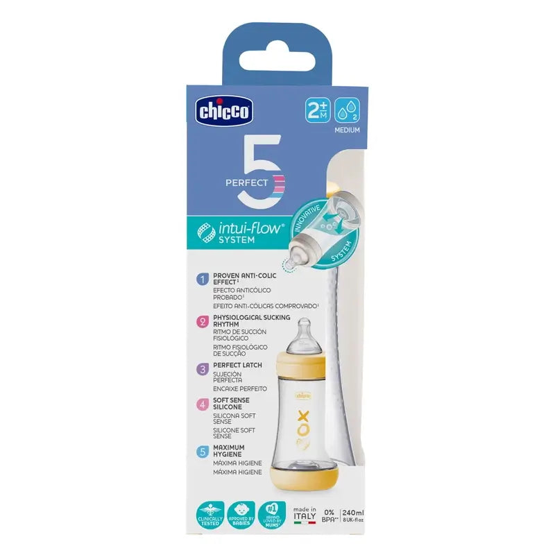 Chicco fľaša Perfect5, neutrálna, stredný prietok, 240 ml, 2M+ 