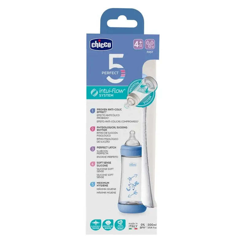 Chicco fľaša Perfect5 modrá, rýchly prietok, 300 ml, od 4 mesiacov 