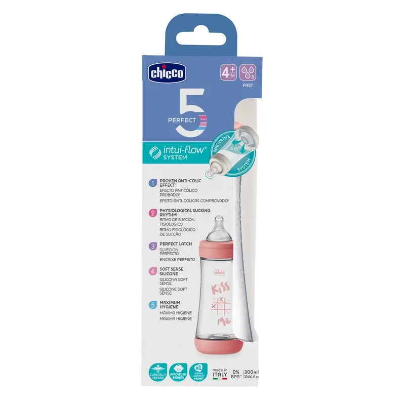 Chicco fľaša Perfect5 ružová s rýchlym prietokom 300 ml 4M+ 