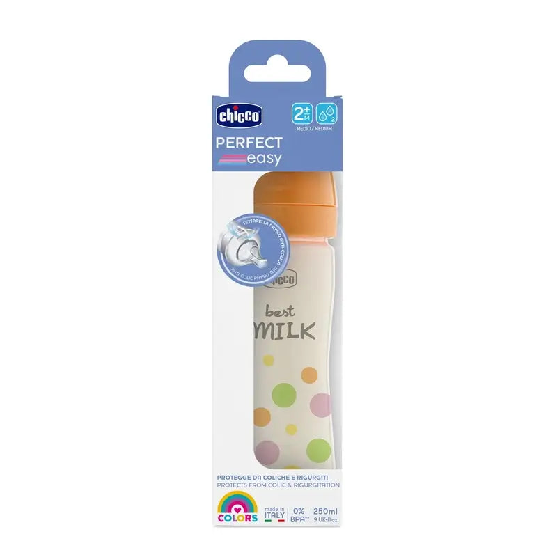 Chicco Fľaša Perfecteasy zo silikónu, oranžová, 250 ml, stredný prietok, 2M+ 