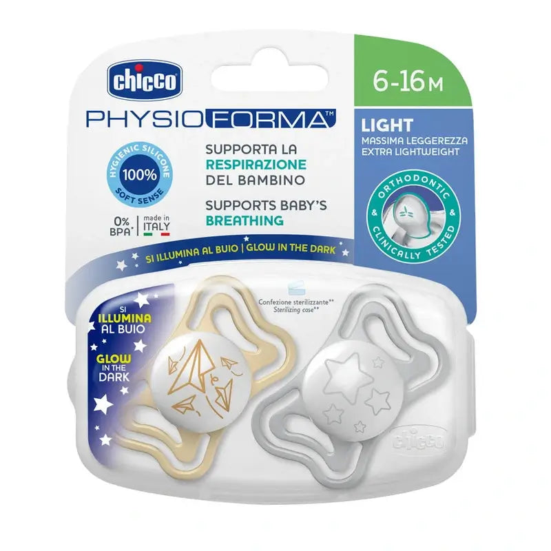 Chicco cumlík Physio Light so svetlom, silikónový, 6–16 mesiacov, 2 kusy 
