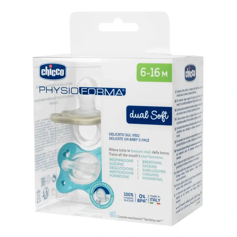 Chicco cumlík Physioforma Dual Soft, silikónový, modrý, 6–16 mesiacov, 2 ks 