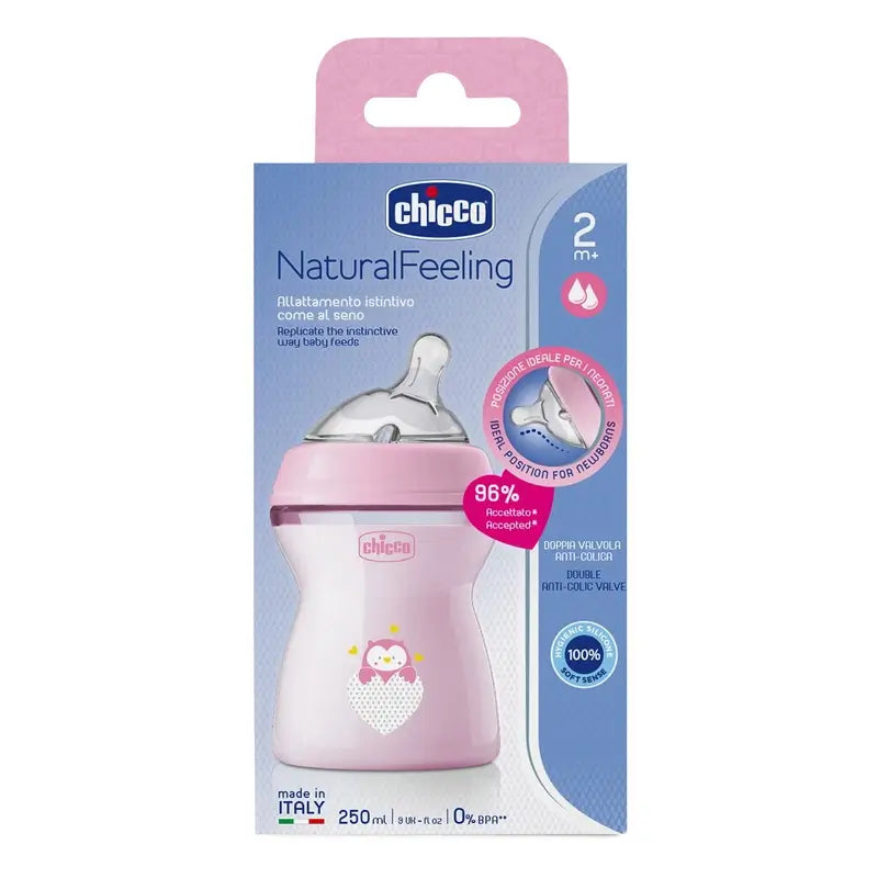 Chicco fľaša Naturalfeeling, ružová, stredný prietok, 250 ml, od 2 mesiacov 
