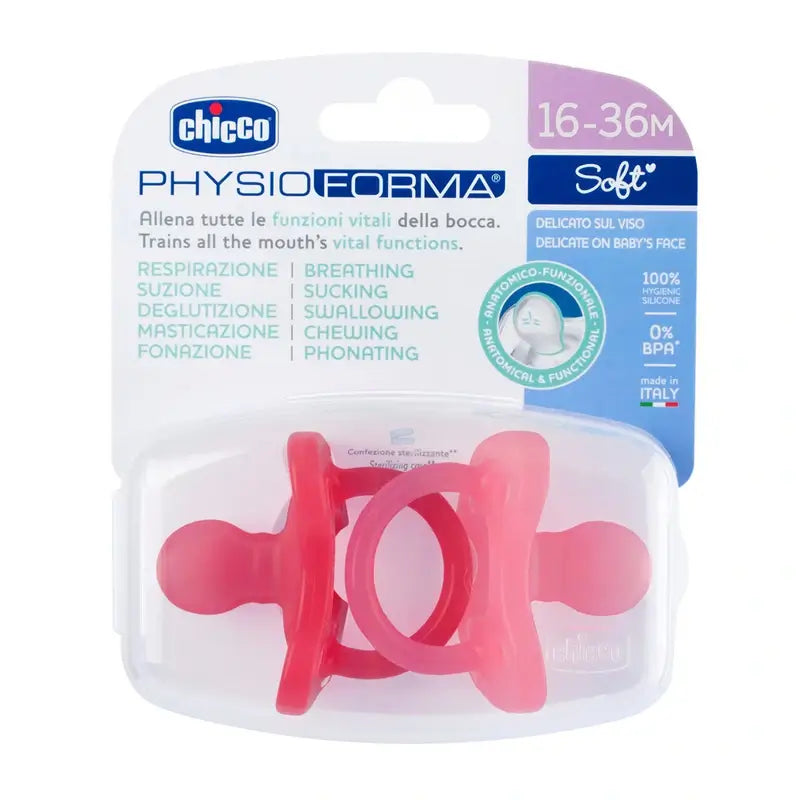 Chicco cumlík Physio Soft ružový, celogumový, od 12 mesiacov, balenie po 2 kusy