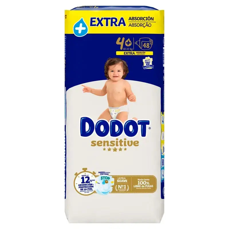 Plienky Dodot Sensitive s extra absorpciou, 10–15 kg, veľkosť 4+, 96 kusov + vlhčené utierky Dodot Pure Aqua, 288 ks