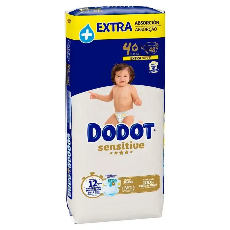 Plienky Dodot Sensitive s extra absorpciou, 10–15 kg, veľkosť 4+, 96 kusov + vlhčené utierky Dodot Pure Aqua, 288 ks
