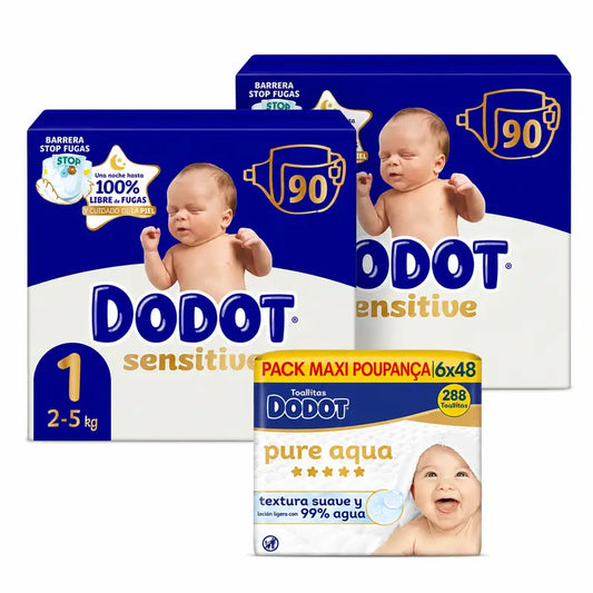 Dodot Sensitive veľkosť 1, 2 kg – 5 kg, 180 plienok + Dodot Pure Aqua 288 vlhčených utierok