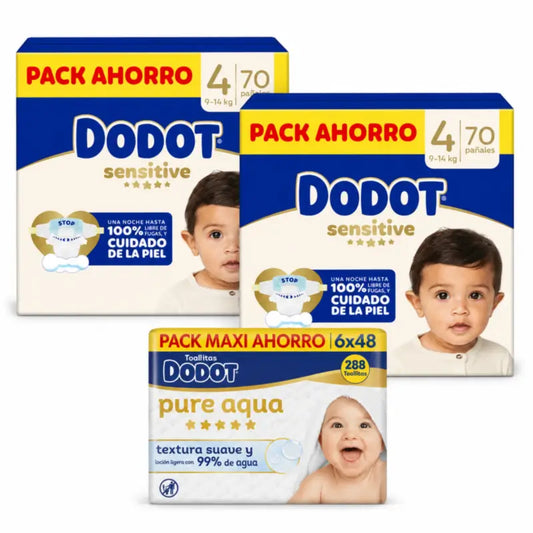 Dodot Sensitive Veľkosť 4 9 kg, 14 kg, 140 plienok + vlhčené utierky 6X