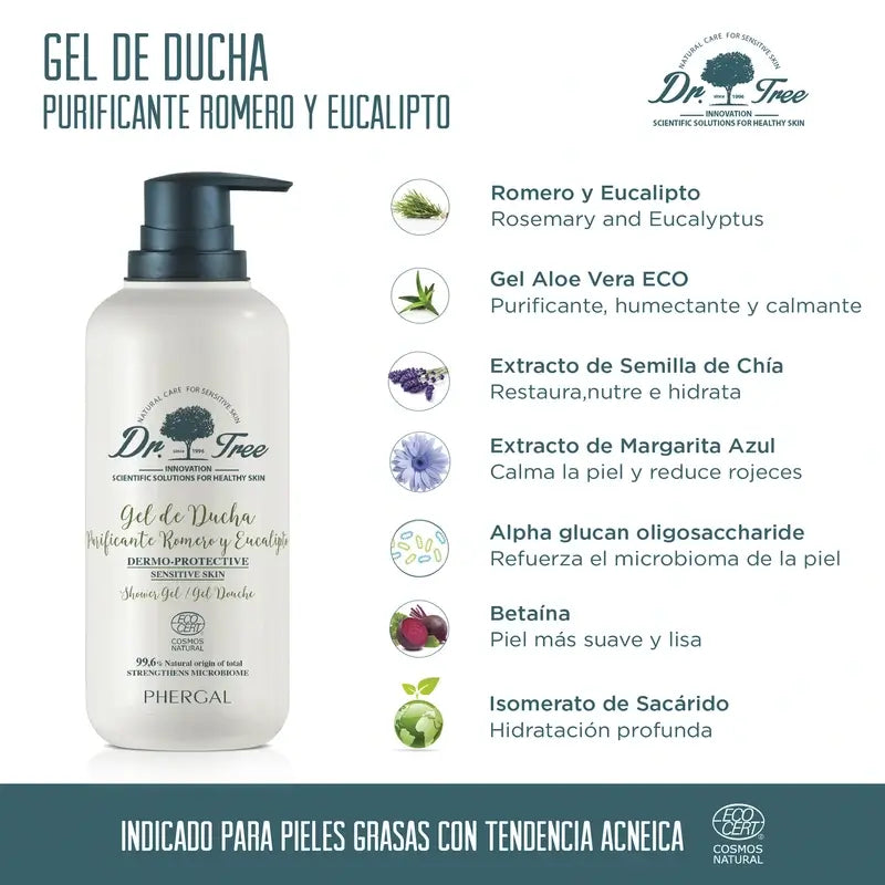 Dr. Tree Sprchový gél s prírodným rozmarínom, čistiaci, pre citlivú pokožku, 500 ml 