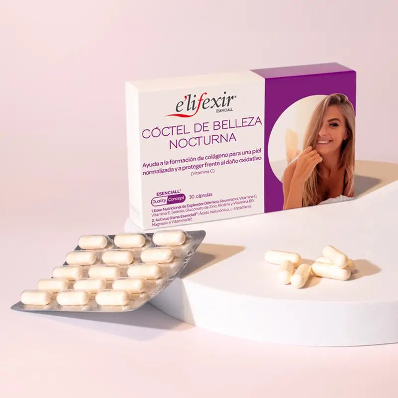 Elifexir Esenciall Nočný kozmetický kokteil s kyselinou hyalurónovou, 30 kapsúl