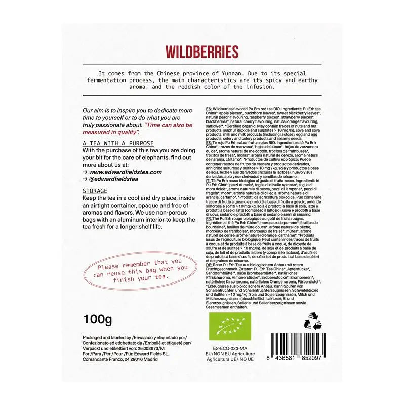 Edward Fields Tea Červený čaj Pu-erh, ekologický, voľne sypaný, s červenými plodmi, 50 šálok, 100 g