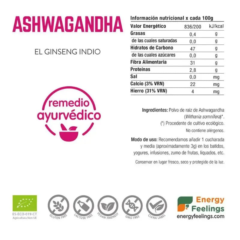 Energy Feelings Ashwagandha 200 g. Ekologický, vegánsky, balenie po 1 ks 