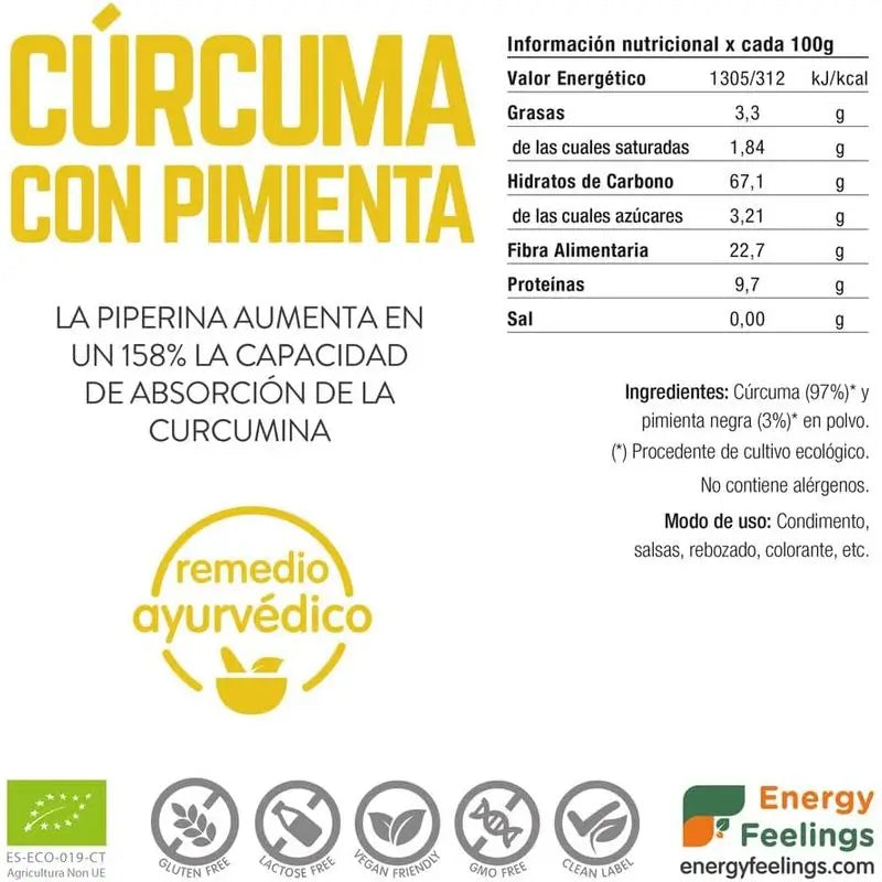 Energy Feelings Kurkuma s čiernym korením, prášok, 1 kg. Ekologický, vegánsky, Sg 