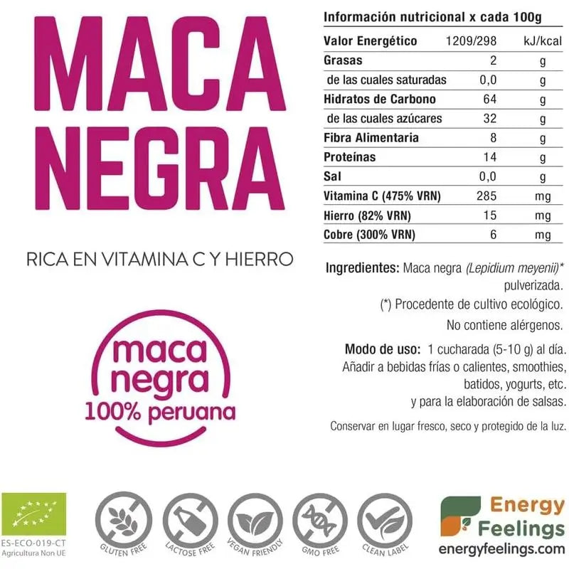 Energy Feelings Čierna maca v prášku 200 g. Ekologická, vegánska, bez cukru 