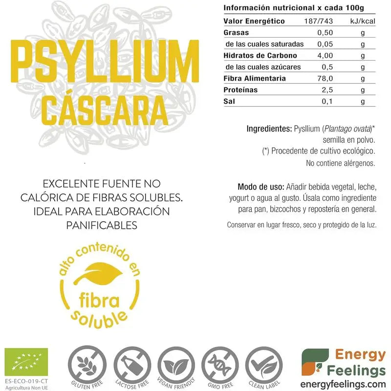 Energy Feelings Psyllium Entero Cascara 500 g. Ekologické, vegánske, balenie 