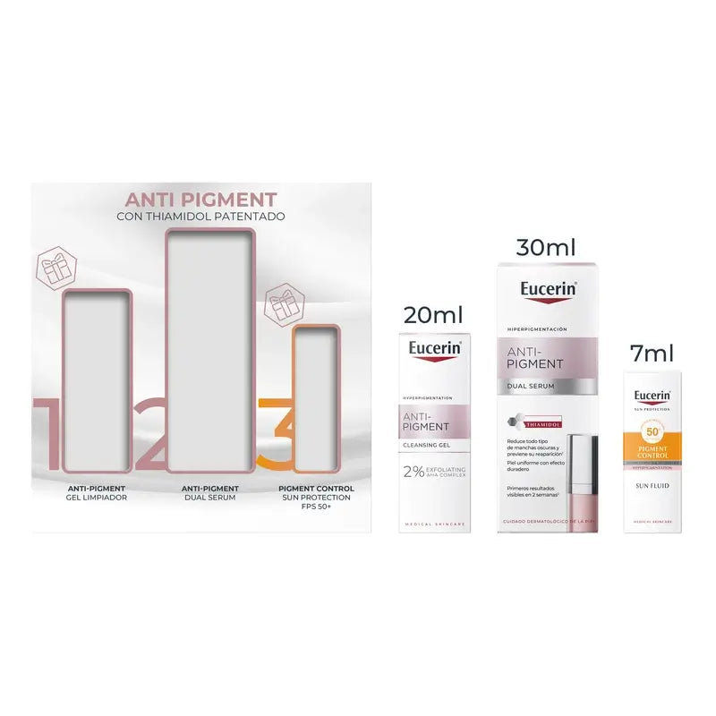 Sada Eucerin Anti-Pigment – Dual sérum, 30 ml + čistiaci gél v miniatúrnom balení 20 ml + opaľovací krém v miniatúrnom balení 7 ml