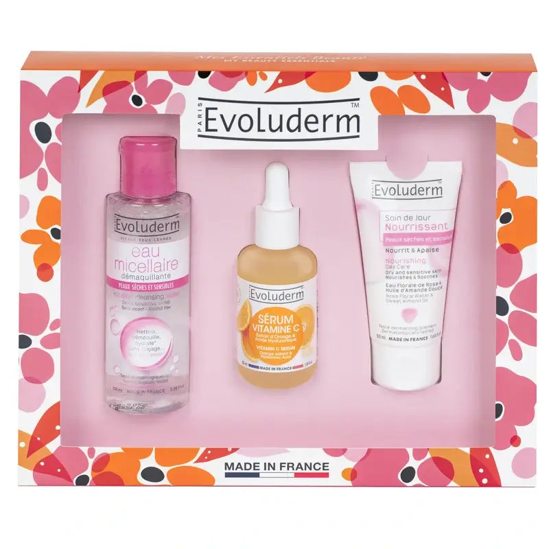 Evoluderm Box X3 (micelárna voda 100 ml + sérum s vitamínom C 30 ml + pleťová starostlivosť 50 ml), 100/30/50 ml