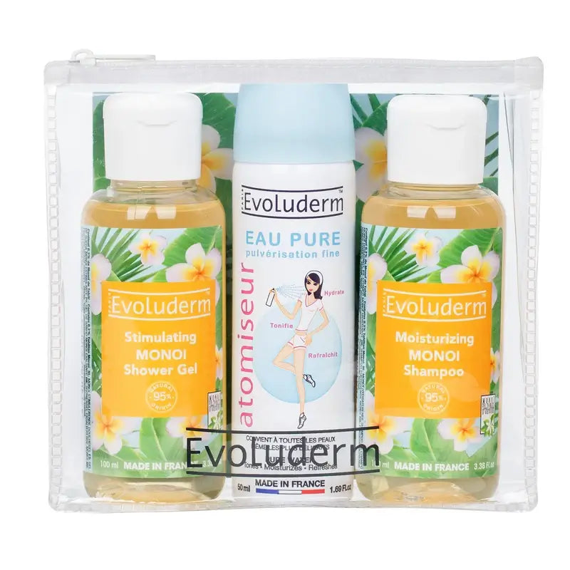 Evoluderm Cestovná sada X3 – sprchový gél – čistá voda – šampón, 100/50/100 ml