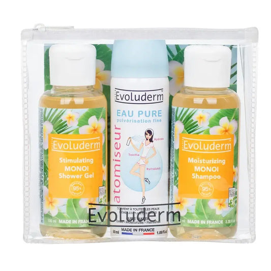Evoluderm Cestovná sada X3 – sprchový gél – čistá voda – šampón, 100/50/100 ml
